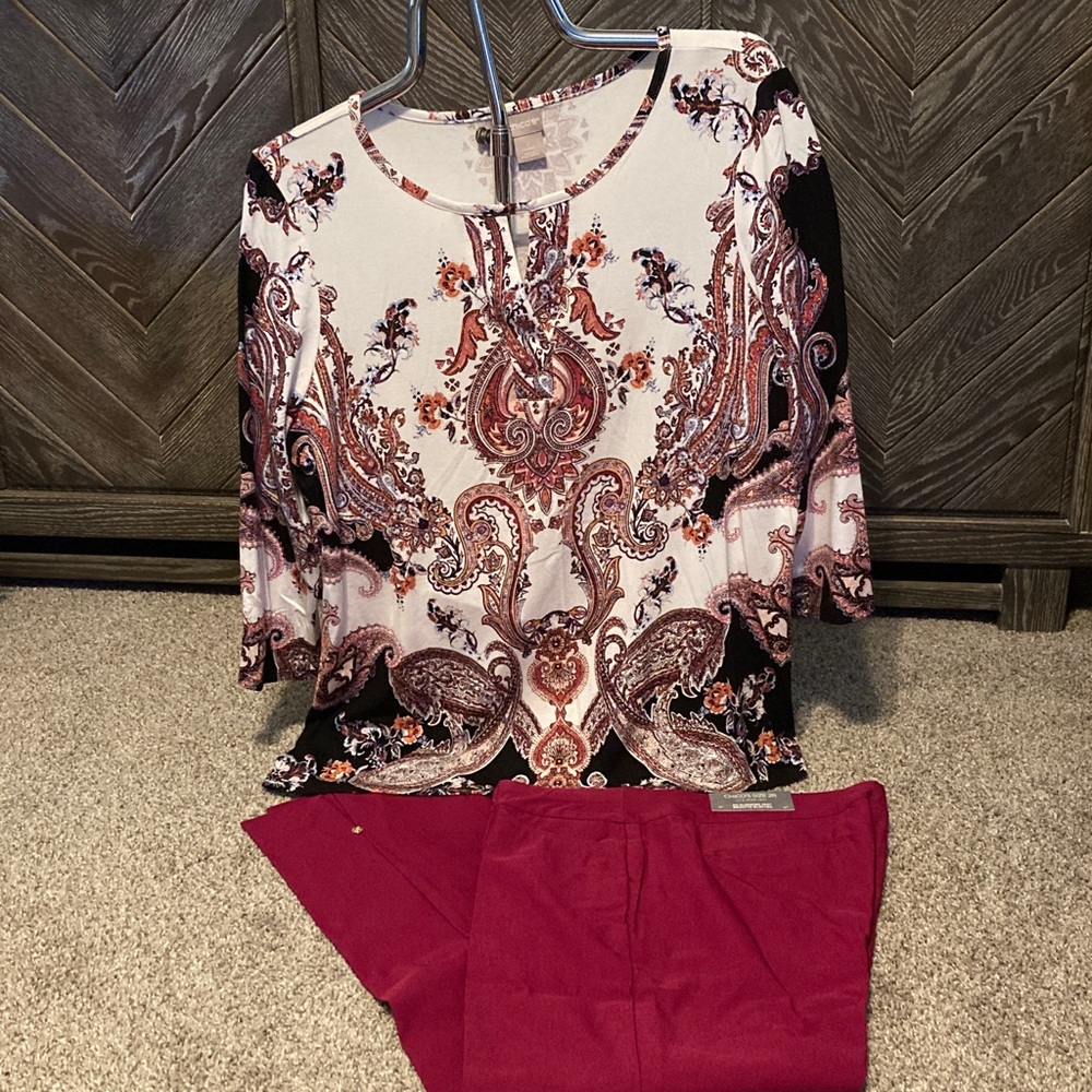 NWT Chico's Burgundy Slim Leg Pants paired with multi color 3/4 sleeves blouse